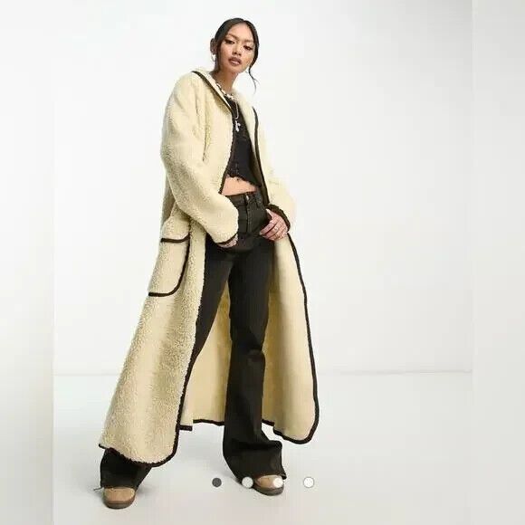 Free People Irresistible Teddy Cardi Maxi Jacket Pockets Oversized Ivory LARGE - Picture 4 of 9